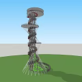 Modern Spiral Tower with Circular Platforms Support Structure on Green Ground under Blue Sky 3d model