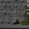 Courtyard Garden With Gray Stone Wall Illuminated Stripes Pine Tree Green Plants And Gravel Ground