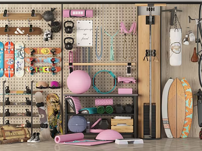 Sports Equipment Storage Display with Skateboards Kettlebells Exercise Balls Hula Hoops Yoga Mats and Surfboards 3d model