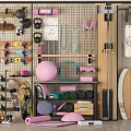 Sports Equipment Storage Display with Skateboards Kettlebells Exercise Balls Hula Hoops Yoga Mats and Surfboards
