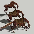 Three Red Reptiles with Saddle Like Gear Standing Head Down in Open Area