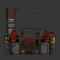 Futuristic Building Structure With Red And Blue Mechanical Sci Fi Design Features