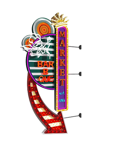 Vintage Neon Decorative Lights for Market Bar B Q Sign with Vibrant Colors and Retro Design 3d model