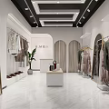 Modern Clothing Store Interior Featuring Arc Entrance Displayed Dresses Mirror And Plants