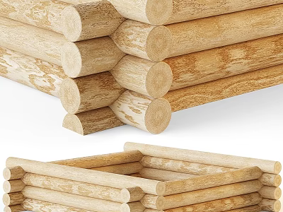 Natural Wood Color Wooden Components With Stacked Logs And Square Frame Structure 3d model