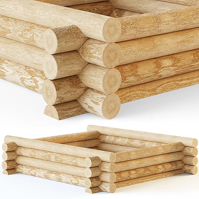Natural Wood Color Wooden Components With Stacked Logs And Square Frame Structure 3d model