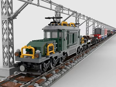 Building Blocks Train Model With Green Locomotive Yellow Accents And Overhead Railway Structure 3d model