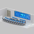 Modern Control Room Interior With Curved Console Desks And Blue Chairs