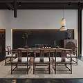 Chinese Style Wooden Tea Table And Chairs Interior With Tea Set Green Plant And Cushions