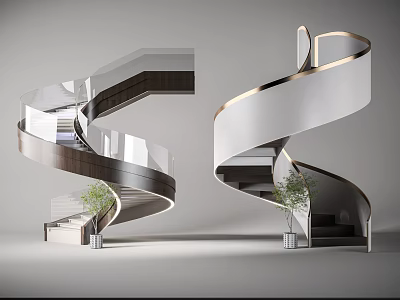 Modern Spiral Staircase Design With Glass Railing Metal Accents And Green Plant 3d model