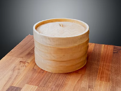 Traditional Natural Bamboo Steamer Kitchenware Placed On Wooden Tabletop For Home Cooking 3d model