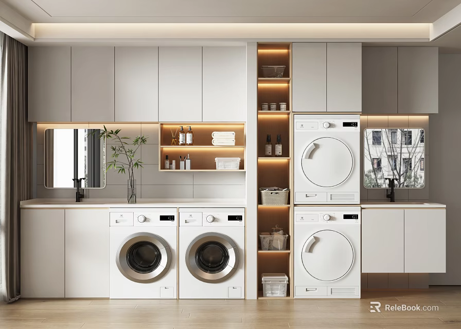 Modern Home Balcony Laundry Space With Washing Machines Storage Cabinets Mirrors And Plants 3d model 