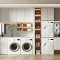 Modern Home Balcony Laundry Space With Washing Machines Storage Cabinets Mirrors And Plants