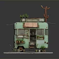 Teal Caravan Scene With Awning Plants Cactus Outdoor Chairs And Flower Pots