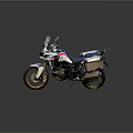 Adventure Touring Motorcycle With Blue Red White Body Gold Wheels And Side Top Cases