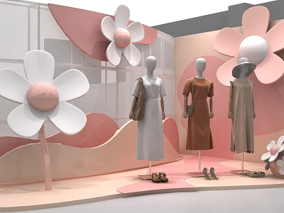 Fashion Window Display With Mannequins In Dresses And Large Pink Flower Decorations 3d model