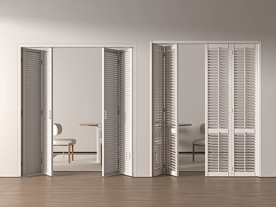 White Folding Doors With Louvered Design Open To Connect Interior Dining Space 3d model