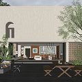 Modern Beige Building Exterior With Arched Window Courtyard Greenery And Outdoor Furniture