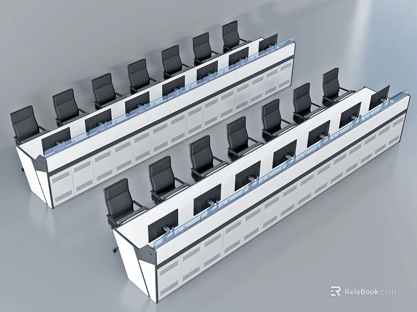 Modern Control Console Workstations With Black Chairs And Computer Screens Arranged In Rows 3d model 