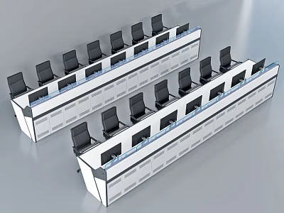Modern Control Console Workstations With Black Chairs And Computer Screens Arranged In Rows 3d model