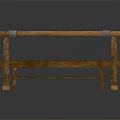 Rustic Wooden Table With Plank Top And Metal Straps On Thick Legs