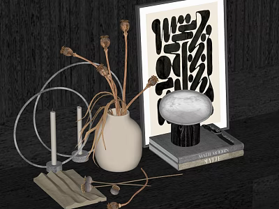 Decorative Ornament Set with White Vase Dried Flowers Candles Circular Art Print Books for Tabletop 3d model
