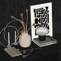 Decorative Ornament Set with White Vase Dried Flowers Candles Circular Art Print Books for Tabletop