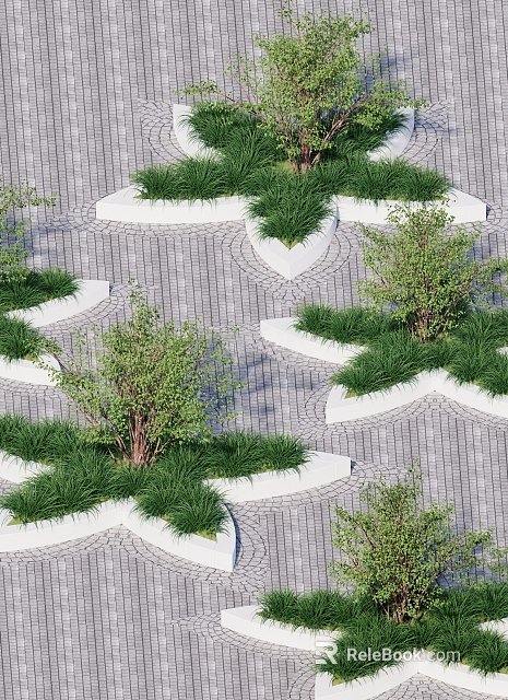 Tree Pit Design with Grass Shrubs and Geometric Paved Ground 3d model 