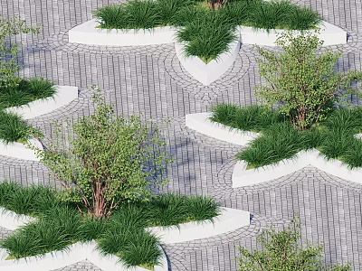 Tree Pit Design with Grass Shrubs and Geometric Paved Ground 3d model