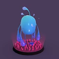 Blue Round Game Movie Character With Droplet Protrusions On Black Base Red Spikes Purple Background