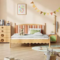 Cozy Kids Bedroom Wooden Bed Upholstered Headboard Green Pillow Cartoon Rug Alphabet Art Colorful Bunting