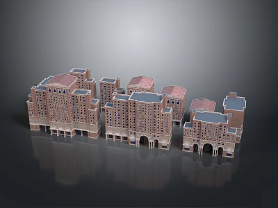 Architectural Building Model with Red Roofs Arched Doorways and Multi Story Structure 3d model