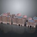 Architectural Building Model with Red Roofs Arched Doorways and Multi Story Structure 3d model