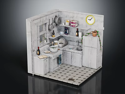 Cozy Kitchen Interior Design With White Cabinets Sink Clock Potted Plant And Tiled Floor 3d model