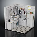 Cozy Kitchen Interior Design With White Cabinets Sink Clock Potted Plant And Tiled Floor