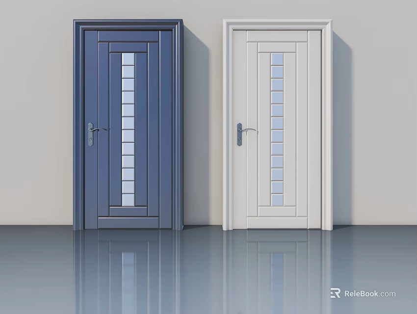 Blue And White Swing Doors With Rectangular Glass Panels And Door Handles 3d model
