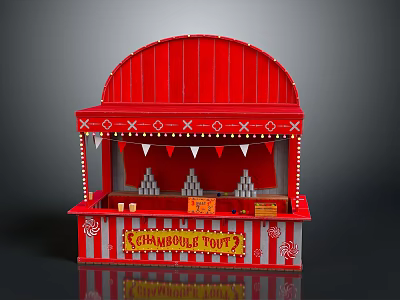Red Kiosk With Arched Roof Decorative Patterns White Bunting Flags And Counter 3d model