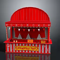 Red Kiosk With Arched Roof Decorative Patterns White Bunting Flags And Counter