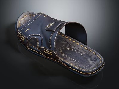 Black Leather Slippers With Yellow Stitching And Strap Design Textured Sole 3d model
