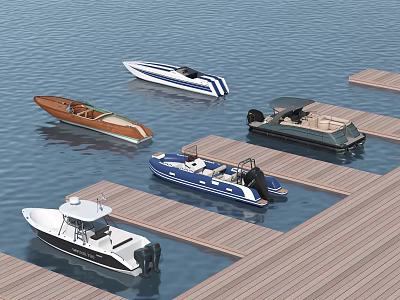 Different Types of Yachts Docked at Wooden Pier on Calm Water 3d model