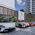 Colorful Electric Cars Parked Alongside Modern High Rise Buildings With Green Plants