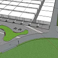 Outdoor Leisure Path with Trees Grass People Sitting on Benches Pedestrians and Strollers
