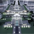 Modern Circular Sales Office Building With Central Courtyard Trees And Water Feature
