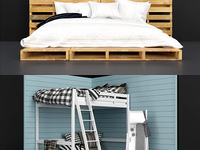 Double Bed With Rustic Wooden Pallet Headboard And White Bedding Design 3d model