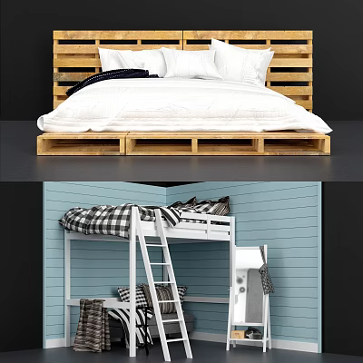 Double Bed With Rustic Wooden Pallet Headboard And White Bedding Design 3d model