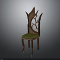 Unique Wooden Chair With Intricate Leaf Design Back And Green Cushioned Seat For Home Decor