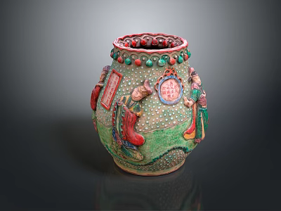 Colorful Traditional Ceramic Sculpture Vase With Intricate Carvings Figures Fortune Motifs And Beads 3d model