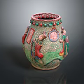 Colorful Traditional Ceramic Sculpture Vase With Intricate Carvings Figures Fortune Motifs And Beads