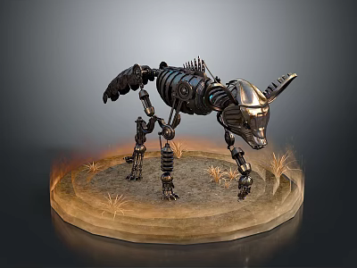 Mechanical Dog Skeleton With Horns Metallic Structure Flaming Base And Dry Grass 3d model