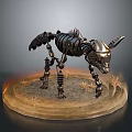 Mechanical Dog Skeleton With Horns Metallic Structure Flaming Base And Dry Grass